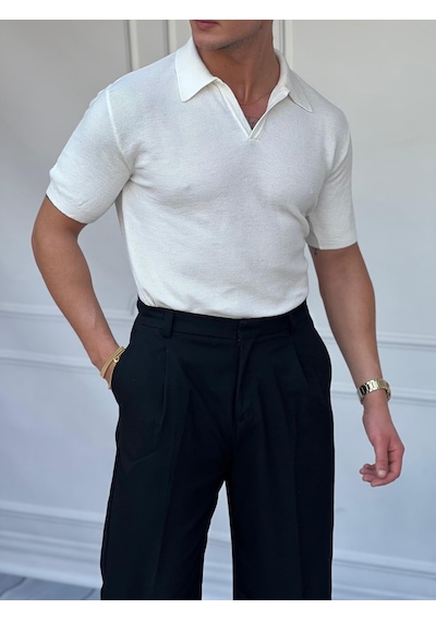 Modefendi Polo Yaka Örme Triko Tshirt Beyaz