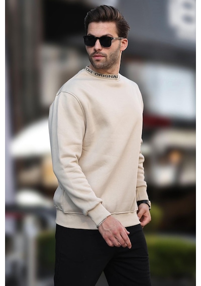 Madmext Bej Bisiklet Yaka Şardonlu Erkek Sweatshirt 7047-bej Bej