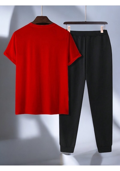 Uyguntarz Unisex W Yazı Tasarım Basklı Tshirt Eşofman Takımı Kırmızı