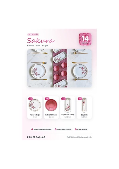 Lüx Seramik Sakura Çiçeği 14 Parça 6 Kişilik Kahvaltı Takımı Seti Diğer