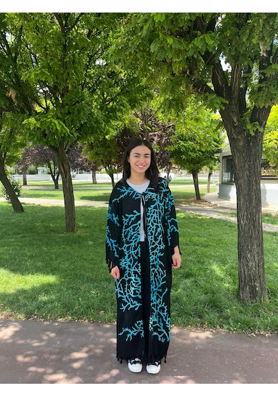 Turkuaz Dallı Desenli Siyah Bağlamalı Salaş Kimono Kaftan - Standart Beden Turkuaz