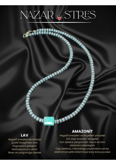 Sertifikalı Amazonit Ve Lav Doğal Taşlı Rodyum Kadın Kolye - Kalp Mavi