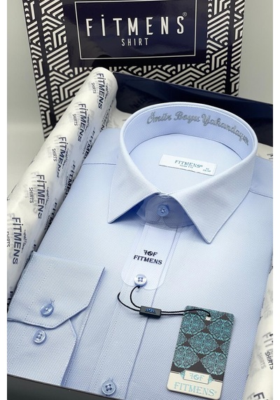 Slim Fit Uzun Kol Ömür Boyu Yakandayım Nakışlı Hediye Kutulu Erkek Gömlek Fs-001376 - Mavi-1786 MAVİ