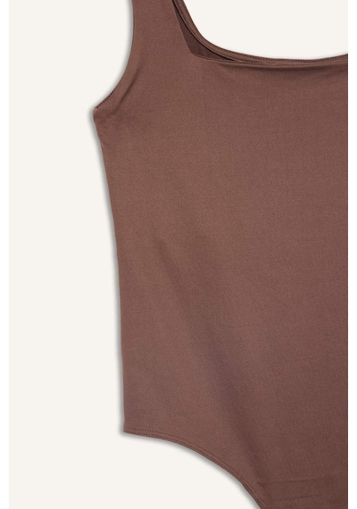 Defacto Kare Yaka Kahverengi Bodysuit H3888ax26smbn341 Kahve-bn341