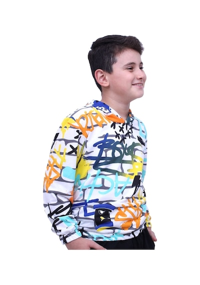Fyk Kids Kapşonlu Desenli Unisex Sweatshirt Beyaz