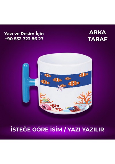 Kişiye Özel Balık Desenli T Kulplu Renkli Kupa- Çok Hoş Hediye Mavi