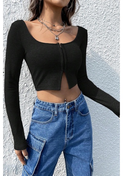 Kadın Siyah Uzun Kollu Agraflı Göğüs Ve Göbek Dekolteli Crop Top Bluz