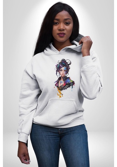 Süper Robot Kız Sulu Boya Kadın Erkek Beyaz Kapüşonlu Sweatshirt Hoodie Beyaz
