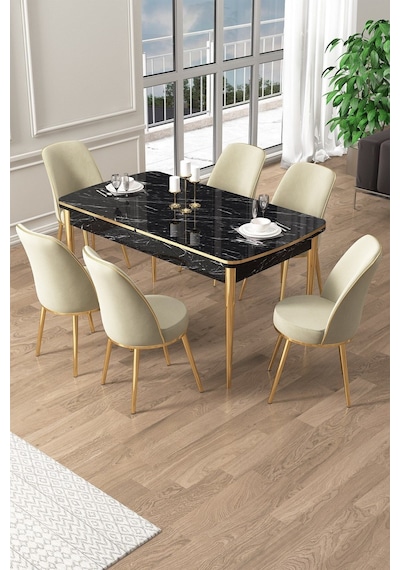 Canisa Pale Serisi 80x132 Açılabilir Siyah Mermer Desen Mutfak Masa Takımı 6 Krem Sandalye Gold Detay Masa Siyah Mermer Desen Sandalye Krem Gold Ayak