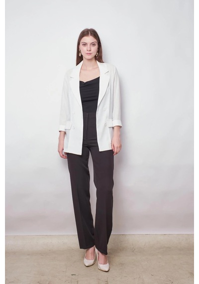 Yazlık Likrasız Keten Kumaş Yakalı Cep Kapaklı Oversize Blazer Ceket-beyaz Beyaz