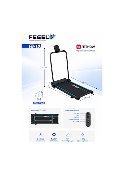 Fegel FG-10 FitShow Destekli 12 Programlı Bluetooth Katlanabilir Koşu & Yürüyüş Bandı