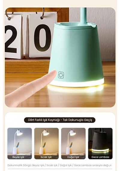 Göz Korumalı Led Masa Lambası Mavi Işık Filtreli, 4 Işık Modlu, Telefon Tutuculu, 360 Esnek Gövde Turkuaz