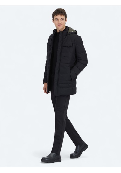Kip Siyah Regular Fit Kapüşonlu Casual Dokuma Kaban Siyah -