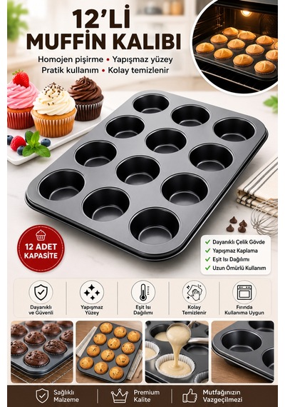 12'li Muffin Kalıbı Yapışmaz Kek Ve Cupcake Kalıbı Fırın Tepsisi Ev Yapımı Muffin Kalıbı Metal Muffin Kalıbı Kek Kalıbı Antrasit - Siyah - Şeffaf