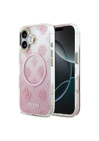 Apple Uyumlu iPhone 17 Kılıf Guess Lisanslı M-safe Şarj Özellikli Simli Peony Desenli Silikon Kapak Pembe Pembe