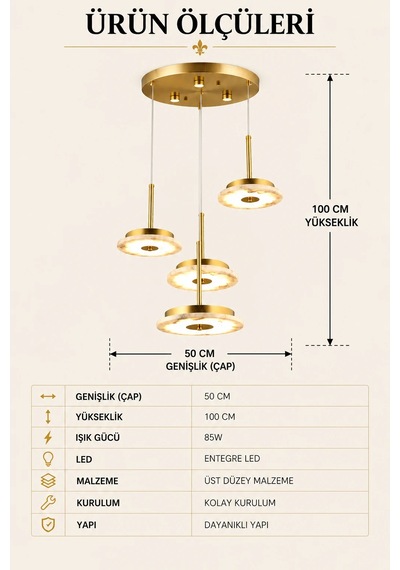 Modern Premium Gold Led Sarkıt Avize 4 Halkalı Modern Dekoratif Salon Yemek Odası Aydınlatma 85w