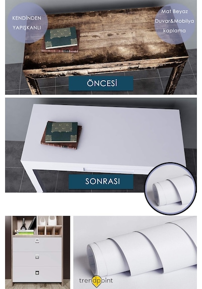 Trendpoint Kendinden Yapışkanlı 60cm 100cm Mat Beyaz Duvar Kağıdı Mutfak Tezgah Dolap Masa Kaplama