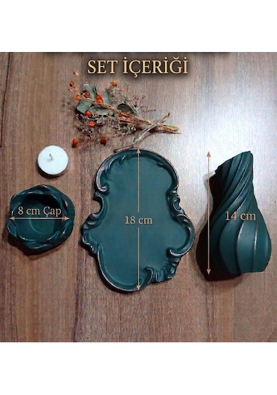 Aurora Set El Yapımı Eskitme Yeşil Burgulu Vazo + Lotus Mumluk + Tepsi Koyu Yeşil