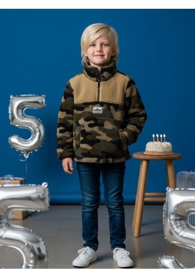 Zekids Erkek Çocuk Kamuflaj Desen Yarım Fermuarlı Polar Sweatshirt-16421 Haki