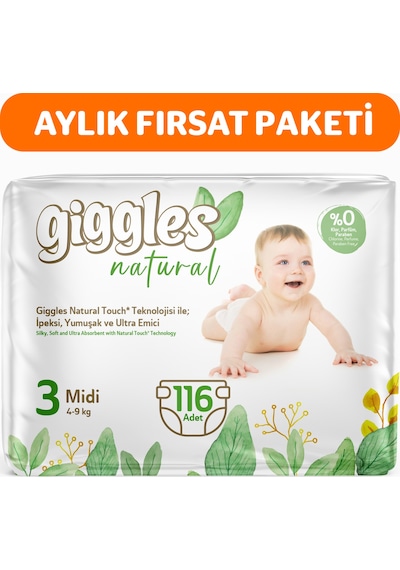 Giggles Natural 3 Numara Midi Pamuklu Bebek Bezi 116 Adet