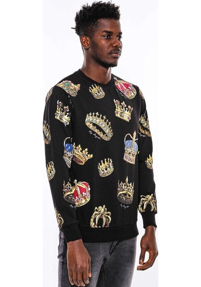 Wessi Siyah Bisiklet Yaka Taşlı ve Baskılı Sweatshirt Siyah
