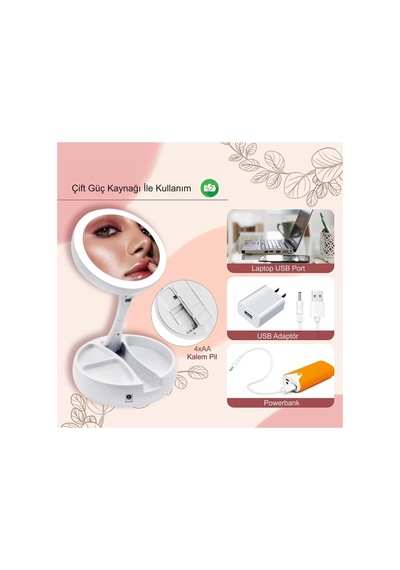Plentiful Plentiful 10x Büyütme Çift Taraflı Katlanabilir 21 Led Işıklı Makyaj Aynası Usb Kablo Ahşap