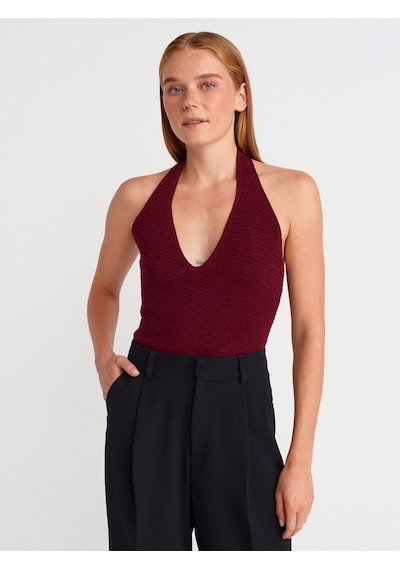 Dilvin 10799 Halter V Yaka Dokulu Triko Bluz-bordo Bordo