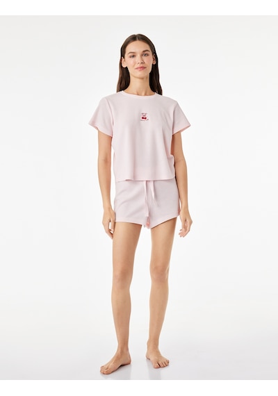 Koton Kiraz Detaylı Bisiklet Yaka Kısa Kollu Dokulu Pijama Takımı Pembe 6slk40086mk Gül