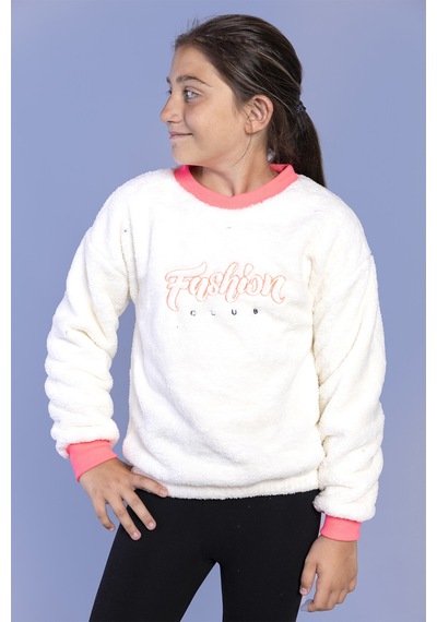 Toontoy Kız Çocuk Nakışlı Peluş Sweatshirt Ekru