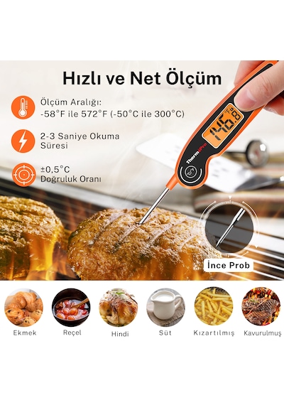 Thermopro TP605O Katlanabilir Problu Profesyonel Gıda Pişirme Termometresi-Turuncu