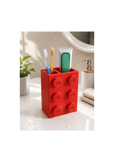 Lego Diş Fırçalığı Çocuk Ve Yetişkinlere Özel Eğlenceli Banyo Düzenleyici Diş Fırça Standı Kırmızı