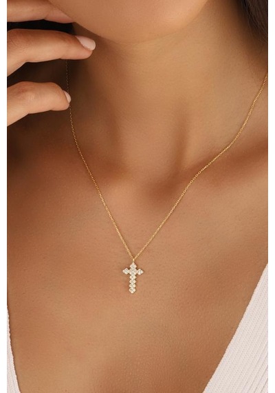 Taşlı Haç Gümüş Kolye Rose Gold