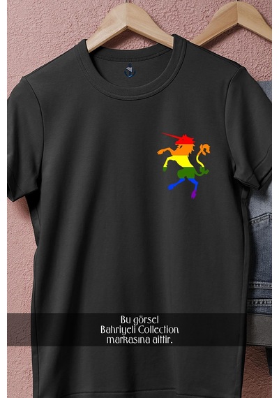 Oversize Lgbt Colors Unicorn Cep Tasarımlı Unisex T-shirt Siyah
