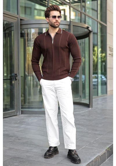 Madmext Kahverengi Polo Yaka Yarım Fermuarlı Fitilli Erkek Triko Kazak E7515