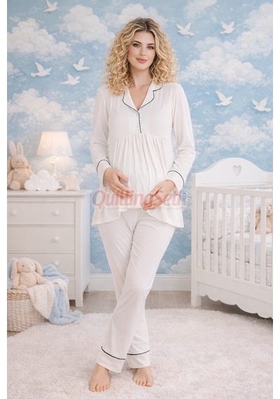 Quilling Lady Ekru Renkli, Kol Ve Paçaları Manşetli, 33202 Uzun Kol, 2 Parça Lohusa Hamile Pijama Takımı M - L