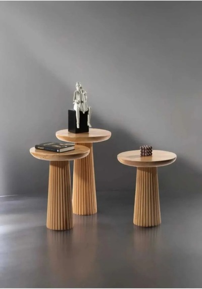 Wood Wooden 3 Lü Set Fitilli Mantar Yan Sehpa Modern Ahşap Renk Fiskos Kahverengi