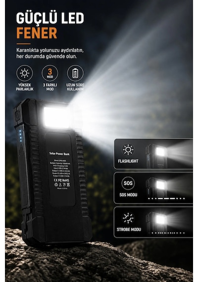 Exenar - Siyah - Güneş Enerjili Powerbank 4 Solar Panel Taşınabilir Şarj Cihazı Kendinden Kablolu Led Fenerli 20000mah Black Exenar - Siyah - Güneş Enerjili Powerbank 4 Solar Panel Taşınabilir Şarj Cihazı Kendinden Kablolu Led Fenerli 20000mah Black