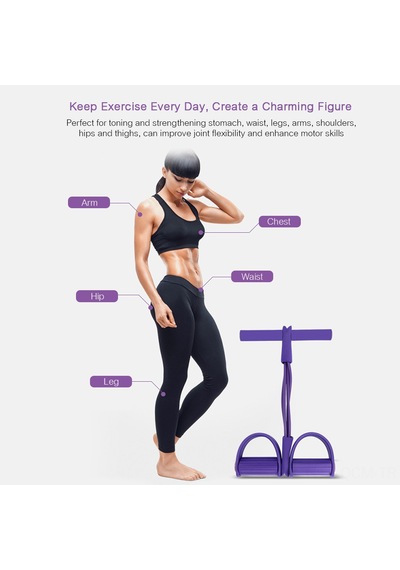 Qingmipy "4 Borulu Ayak Pedallı Direnç Bandı - Evde Spor, Yoga, Karın Ve Vücut Şekillendirme İçin Çok Fonksiyonlu Egzersiz Aleti" Mor