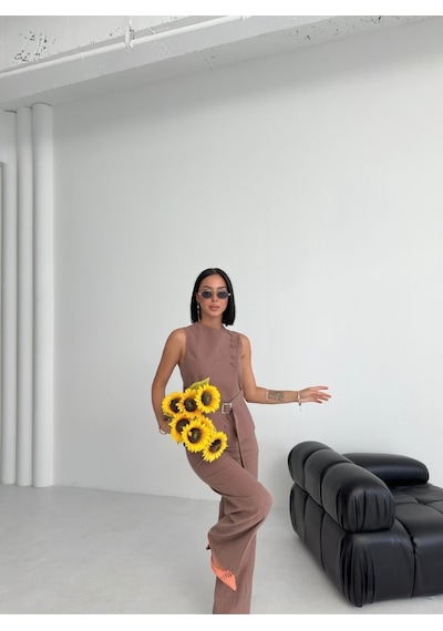 Moderie Butik Ti Na Asi Metri K Keten Yelek Pantolon Takim Kahve