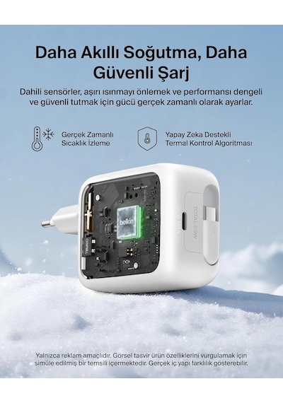 Belkin Ultracharge 67 W Gan Şarj Aleti, 0,8 M Geri Çekilebilir Usb-c Kablo İle, Beyaz