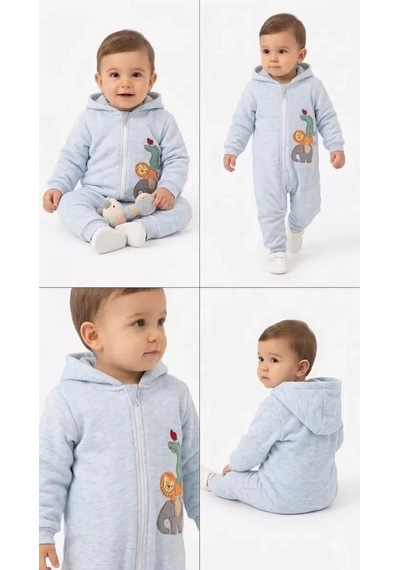 Veraura Lifestyle 3/12 Ay Nakışlı Kapşonlu Bebek Tulumu mavi
