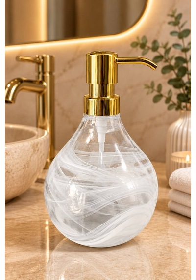 Buççin Online Mağaza Celina Cam Sabunluk Beyaz Alabaster Modern Lüks Banyo Aksesuarı Dekoratif Sıvı Sabunluk Sabun Çok Renkli