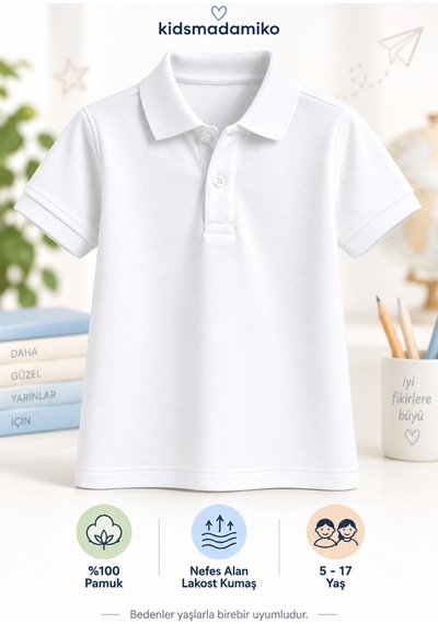 Kidsmadamiko Erkek Çocuk Kısa Kollu Okul Polo Yaka T-shirt 5-17 Yaş Bedenler Yaşlarla BEYAZ