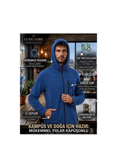 Luxıc Core Mavi Kapüşonlu Mavi Polar 3 Cepli Fermuarlı Sıcak Tutan Kışlık Outdoor Hoodie Günlük Stilpro