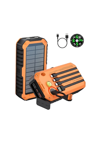 20000 Mah Solar Powerbank - El Kranklı, Dahili Kablolu Taşınabilir Su Geçirmez Powerbank Siyah - Turuncu