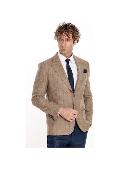 Wessi Balıksırtı Desen Slim Fit Yün Taba Erkek Ceket Taba
