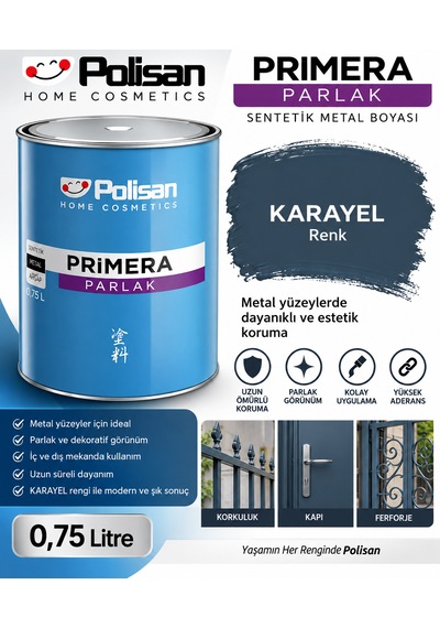 Polisan Primera Karayel Rengi Parlak Sentetik Boya Metal Boyası Yağlı Boya 0,75 Litre