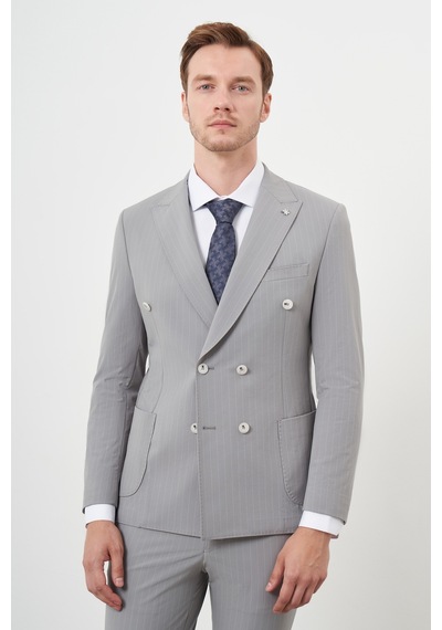 Morven Erkek Gri Polyamide Trend Kruvaze Slim Fit Sivri Yaka Takım Elbise 24ys001004100 Gri