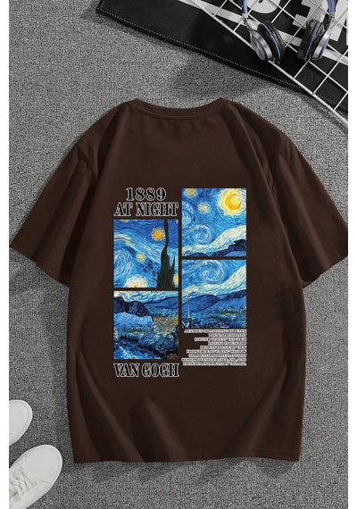 Unisex Van Gogh Baskılı Oversize Tshirt Kahverengi