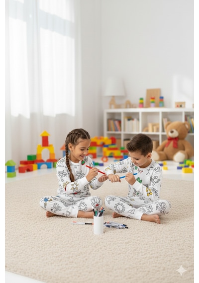 Bebelove Boyanabilir Çocuk Pijaması Eğitici, Eğlenceli, Pamuklu Pijama Takımı Beyaz